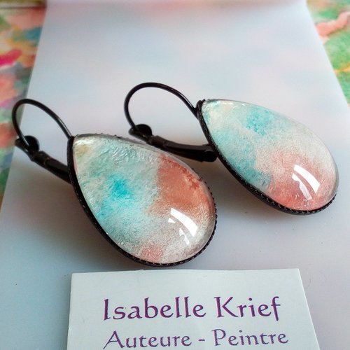 Boucles oreilles dormeuses laiton avec cabochons goutte aquarelle ooak peint artiste,bijou femme boho bobo gothique
