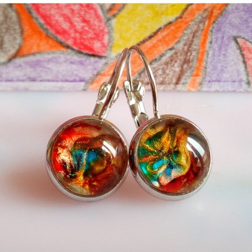 Verre peint,boucles oreilles dormeuses avec cabochons ronds orange bleu rouge or,fait mains en france,cadeau fete noel