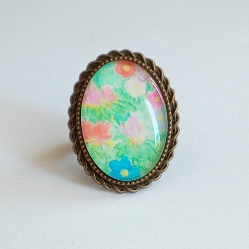 Art portable,bague ajustable laiton bronze avec cabochon oval 18x25mm impression aquarelle jardin fleuri par isabelle krief creations