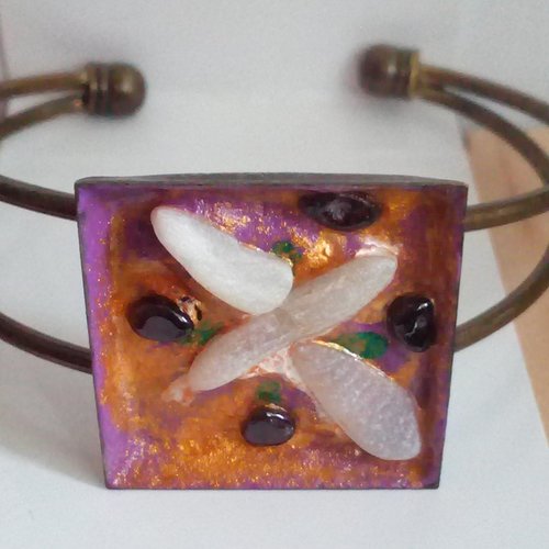 Topaze et grenat,bracelet jonc carré,peinture avec pigment poudre or et pierres fines,art contemporain