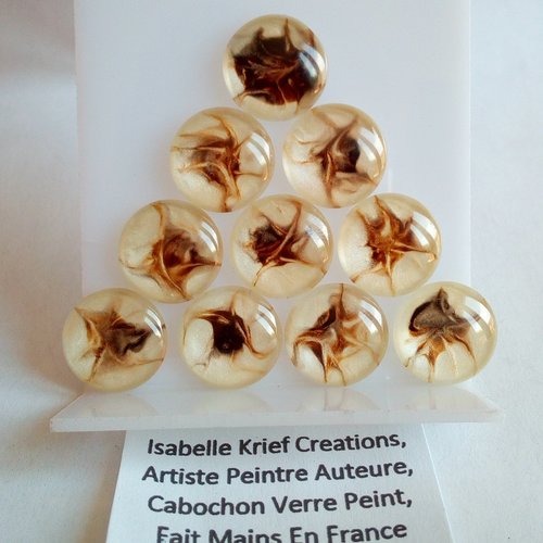 16mm,verre peint artiste francaise,marron brun nacre blanc,cabochon rond fond plat,fourniture bricolage mercerie,boho bobo gothique abstrait