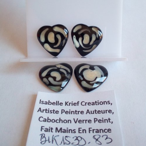 20mm,verre peint artiste francaise,noir nacre blanc,cabochon coeur fond plat,fourniture bricolage mercerie,boho bobo gothique fleuri,