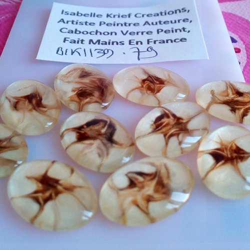 13x18mm,verre peint artiste francaise,brun marron nacre blanc,cabochon oval fond plat,fourniture bricolage mercerie,boho bobo gothique