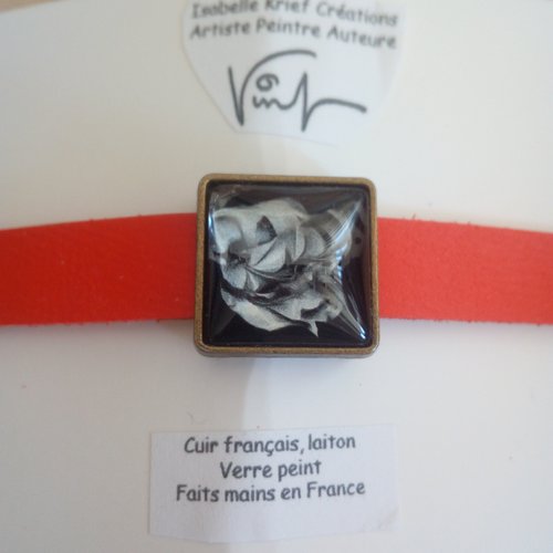 Verre peint art abstrait contemporain, bracelet cuir orange avec cabochon carré noir et nacre blanc,cadeau fete anniversaire noel,boho bobo
