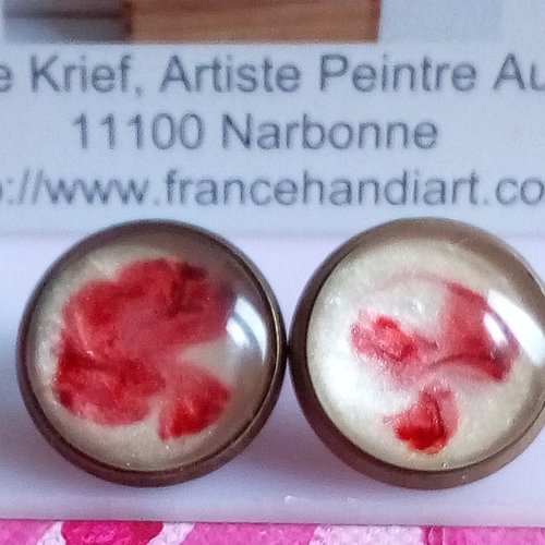 Clips laiton avec cabochon rond verre peint rouge sang et nacre blanc,fait mains en france,cadeau anniversaire noel