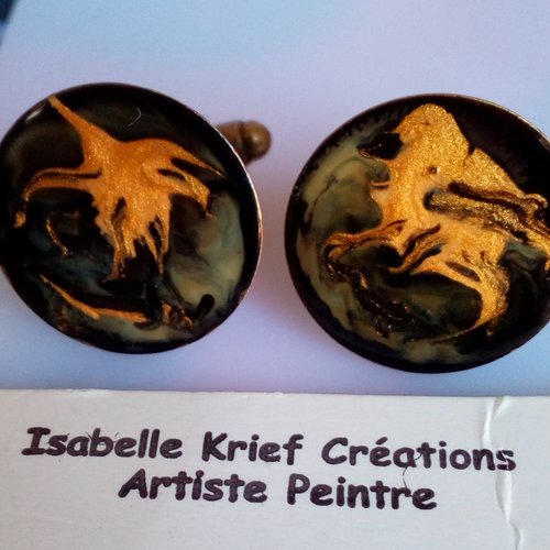 Peint artiste francaise,boutons manchette rond laiton bronze,noir et or,fait mains en france,cadeau fete anniversaire noel,homme