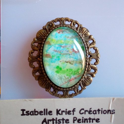 Aquarelle,broche ovale fleur coquillage sirene art nouveau laiton avec cabochon bleu vert rouge,fermoir epingle