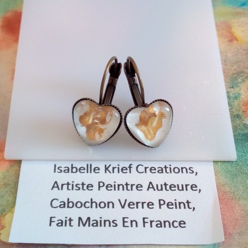 Boucles oreilles laiton bronze avec cabochons coeurs en verre peint par artiste francaise,fermoirs dormeuses,cadeau fete anniversaire