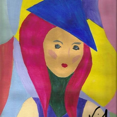 Carte postale la demoiselle au chapeau bleu, tableau peinture acrylique isabelle krief,artiste peintre contemporain,avec enveloppe