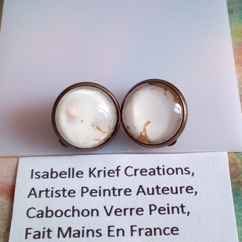 Boucles oreilles clips laiton bronze avec cabochons ronds verre peint par artiste francaise,oreilles non percees,fait mains en france