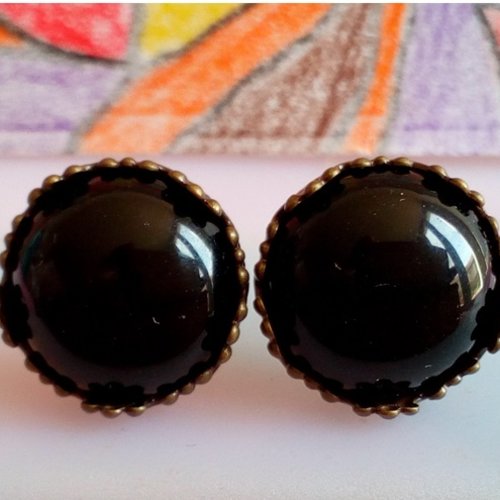 Clous oreilles laiton bronze avec cabochons ronds 12mm onyx noir,pierre gemme precieuse,poussoirs,cadeau fete anniversaire,fait en france