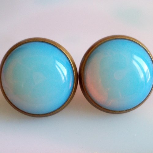 Clous boucles oreilles laiton bronze avec cabochons ronds 14mm opale gemme pierre precieuse,fermoirs poussoirs,cadeau fete anniversaire noel