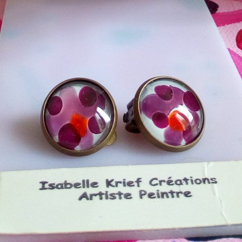 Boucles oreilles clips laiton avec cabochons ronds en verre violet parme orange,peint par artiste francaise,cadeau fete anniversaire