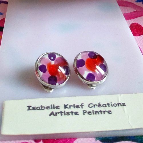 Verre peint par artiste,clips oreilles non percees,laiton argente rhodie,cabochons ronds violet parme orange,art porte porter de l art