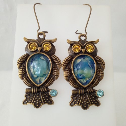 Boucles oreilles chouettes aigue marine et cristal swarovski,cabochon goutte peint par artiste,crochets,pierre precieuse brute