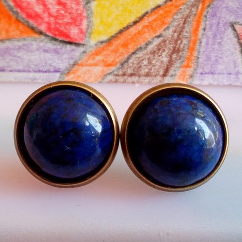 Clous oreilles laiton avec cabochons lapis lazuli pierre gemme precieuse,fait en france,boucles oreilles percees,cadeau fete anniversaire