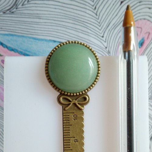 Marque page regle graduation fleuri noeud mignon en laiton avec cabochon rond 20mm aventurine quartz pierre fine precieuse,accessoire livre