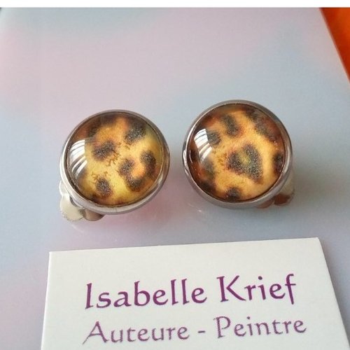 Clips ronds 12mm en acier inoxydable avec cabochons impression tableau signe isabelle krief,artiste peintre francaise,imprime leopard