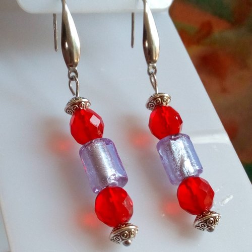 Boucles oreilles perles verre ovale facettes boho et tube verre lampswork fil argent,crochet acier 316l,cadeau fete anniversaire noel