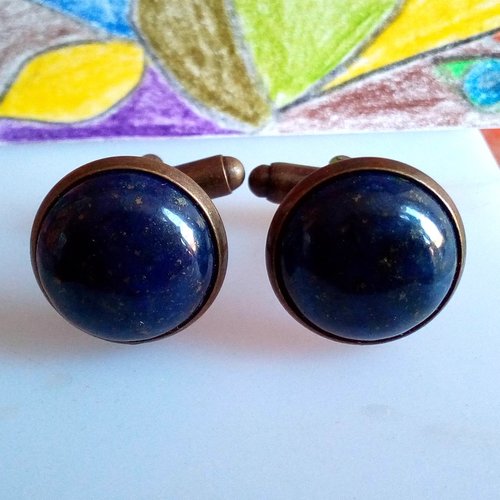 Lapis lazuli,boutons manchette bronze,pierre gemme precieuse,cadeau fete anniversaire noel,accessoire costume cravate,fait mains en france