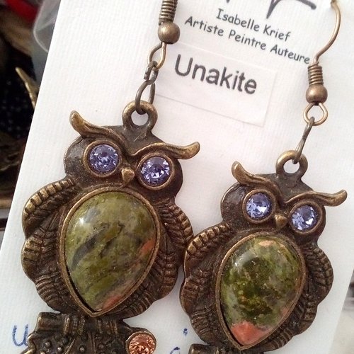 Boucles oreilles chouettes laiton bronze avec cabochons goutte unakite pierre precieuse et cristal swarovski,fait mains en france,crochets