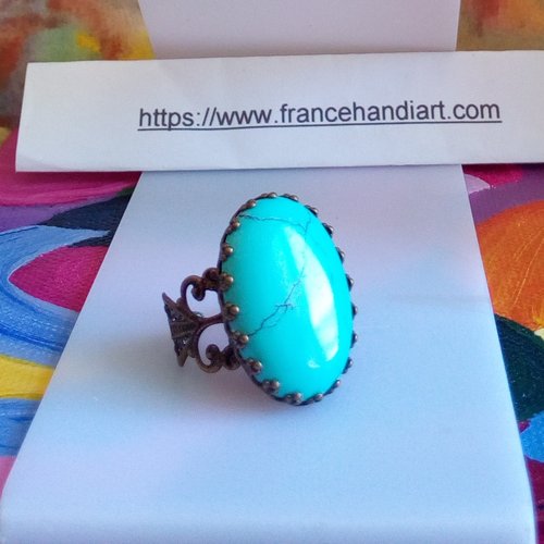 Turquoise bleue,bague laiton avec cabochon oval 18x25mm,anneau ajustable filigrane fleuri lys royal,cadeau fete anniversaire noel