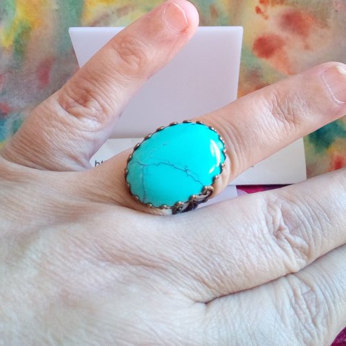 Turquoise bleue,bague laiton avec cabochon oval 18x25mm,anneau ajustable filigrane fleuri lys royal,cadeau fete anniversaire noel