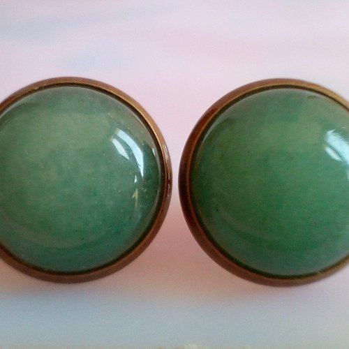 Clous boucles oreilles en laiton bronze avec cabochons ronds 14mm aventurine quartz pierre fine precieuse,et fermoirs poussoirs,cadeau fete