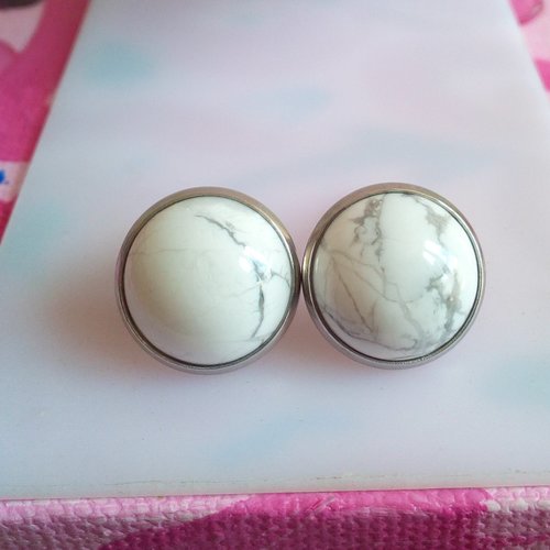 Howlite,clips oreilles argente rhodie avec cabochons ronds 14mm pierre semi precieuse,fait mains en france,cadeau fete anniversaire noel