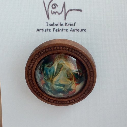 Peint par artiste francaise,broche ronde bois acier,cabochon verre rouge or bleu orange nacre,fleuri art nouveau,cadeau fete anniversaire