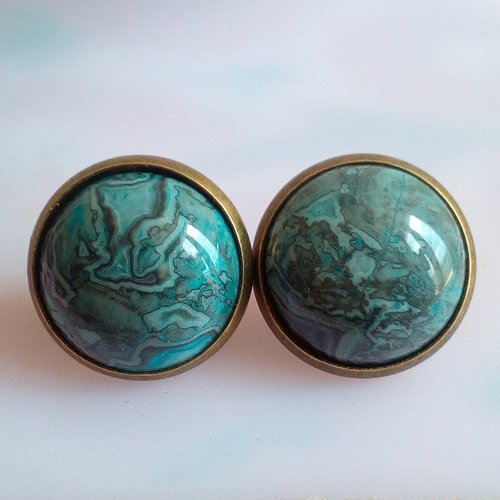 Clous boucles oreilles laiton bronze avec cabochons ronds 14mm onyx bleu pierre precieuse,fermoirs poussoirs,cadeau fete anniversaire noel