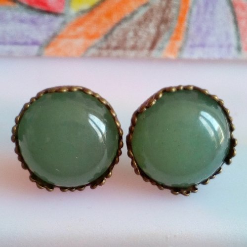 Clous oreilles laiton bronze avec cabochons ronds 12mm aventurine quartz pierre fine precieuse,poussoirs,cadeau fete anniversaire noel
