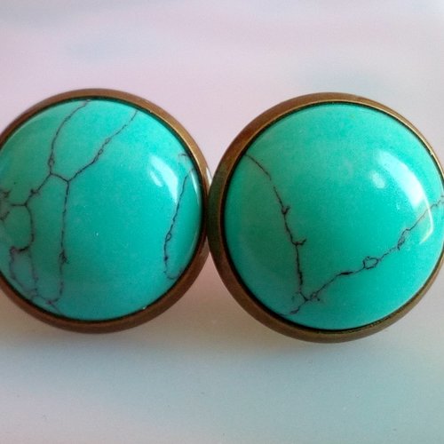 Clous boucles oreilles laiton bronze avec cabochons ronds 14mm turquoise pierre precieuse bleue,poussoirs,cadeau fete anniversaire noel