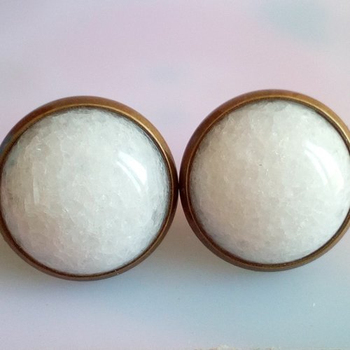 Clous boucles oreilles laiton bronze avec cabochons ronds 14mm quartz blanc pierre fine precieuse,poussoirs,cadeau fete anniversaire noel