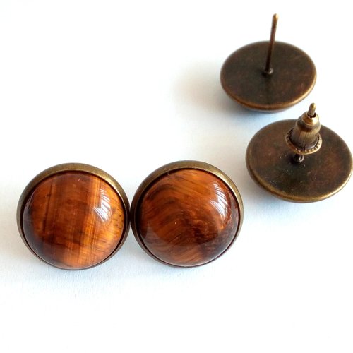 Clous d oreilles laiton bronze avec cabochons ronds 14mm oeil de tigre quartz pierre fine precieuse,poussoirs,cadeau fete anniversaire noel
