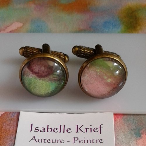 Aquarelle originale ,artiste peintre,boutons manchette ronds,rose vert bronze,bobo boho gothique,cadeau fete,fait en france