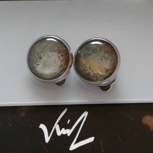 Aquarelle clips oreilles non percees,cabochons ronds bleu vert marron,rhodié,bobo boho gothique,cadeau fete noel