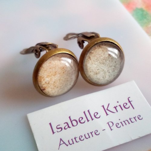 Aquarelle originale peintre française,clips ronds,bleu gris beige bronze,oreilles non percées,bobo boho gothique,idee cadeau