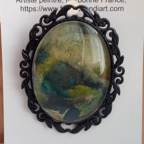 Aquarelle originale ooak,artiste peintre française,broche ovale laiton noir,epingle,fleuri,bleu vert,bobo boho gothique abstrait,victorien