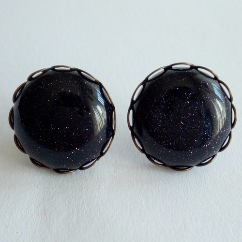 Clou d oreilles pierre de sable bleu,agate violet,laiton fleuri avec cabochons ronds 16mm,fait mains en france,cadeau fete anniversaire noel
