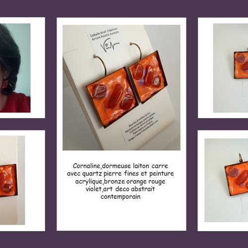 Cornaline,dormeuse laiton carre avec quartz pierre fines et peinture acrylique,bronze orange rouge violet,art deco abstrait contemporain