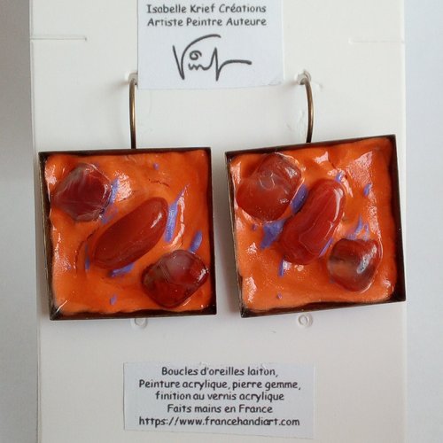 Cornaline,dormeuse laiton carre avec quartz pierre fines et peinture acrylique,bronze orange rouge violet,art deco abstrait contemporain