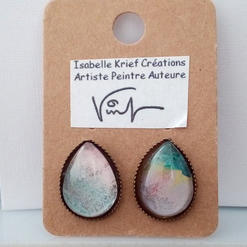 Aquarelle peinture art abstrait contemporain,boucles oreilles clous laiton bronze avec cabochon verre loupe goutte,bleu rose vert jaune,fait