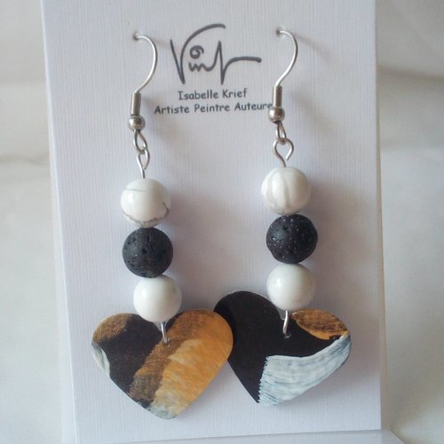 Boucles oreilles coeurs avec perles rondes howlite et pierre de lave,crochets acier inoxydable,peinture art contemporain