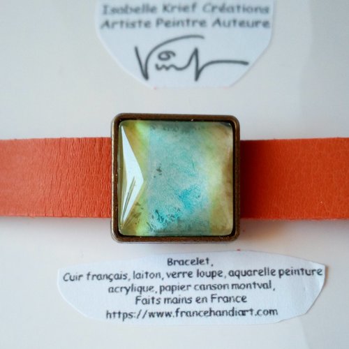 Aquarelle art abstrait contemporain, bracelet cuir avec cabochon carre verre bleu jaune orange, chainette et fermoir