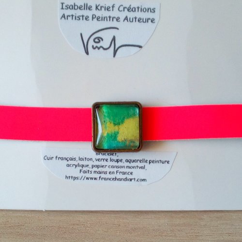 Aquarelle art abstrait contemporain, bracelet cuir avec cabochon carre verre bleu jaune rose, chainette fermoir laiton