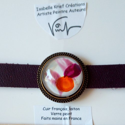 Verre peint art abstrait contemporain, bracelet cuir et cabochon rond violet orange blanc,cadeau fete anniversaire noel