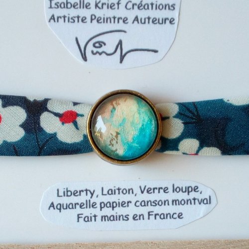 Aquarelle art abstrait contemporain,bracelet liberty fleuri avec cabochon rond verre bleu blanc rouge, cadeau fete anniversaire noel,