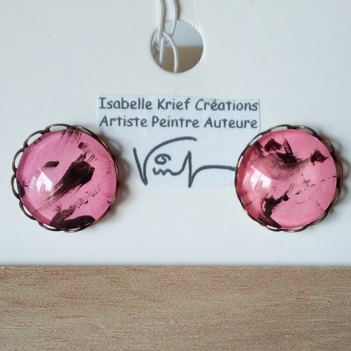 Peinture acrylique art abstrait contemporain,clous d oreille laiton bronze avec cabochon en verre loupe rose noir,bijou isabelle krief, cade