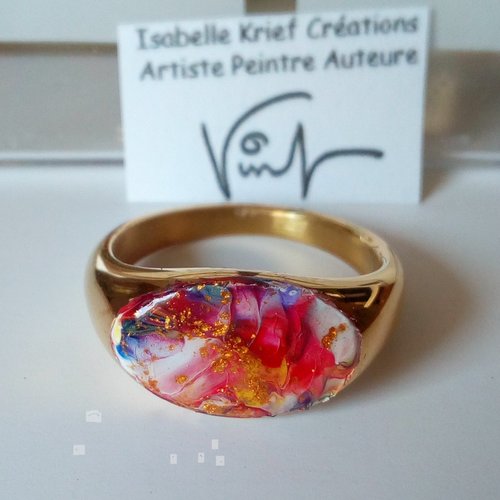 Bague chevalière plaqué or peinture acrylique art abstrait fantastique contemporain,bleu blanc rouge,cadeau fete anniversaire noel